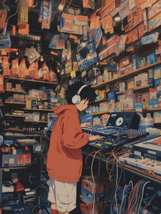 Anime Asian boy djing in the middle of a crowded store.